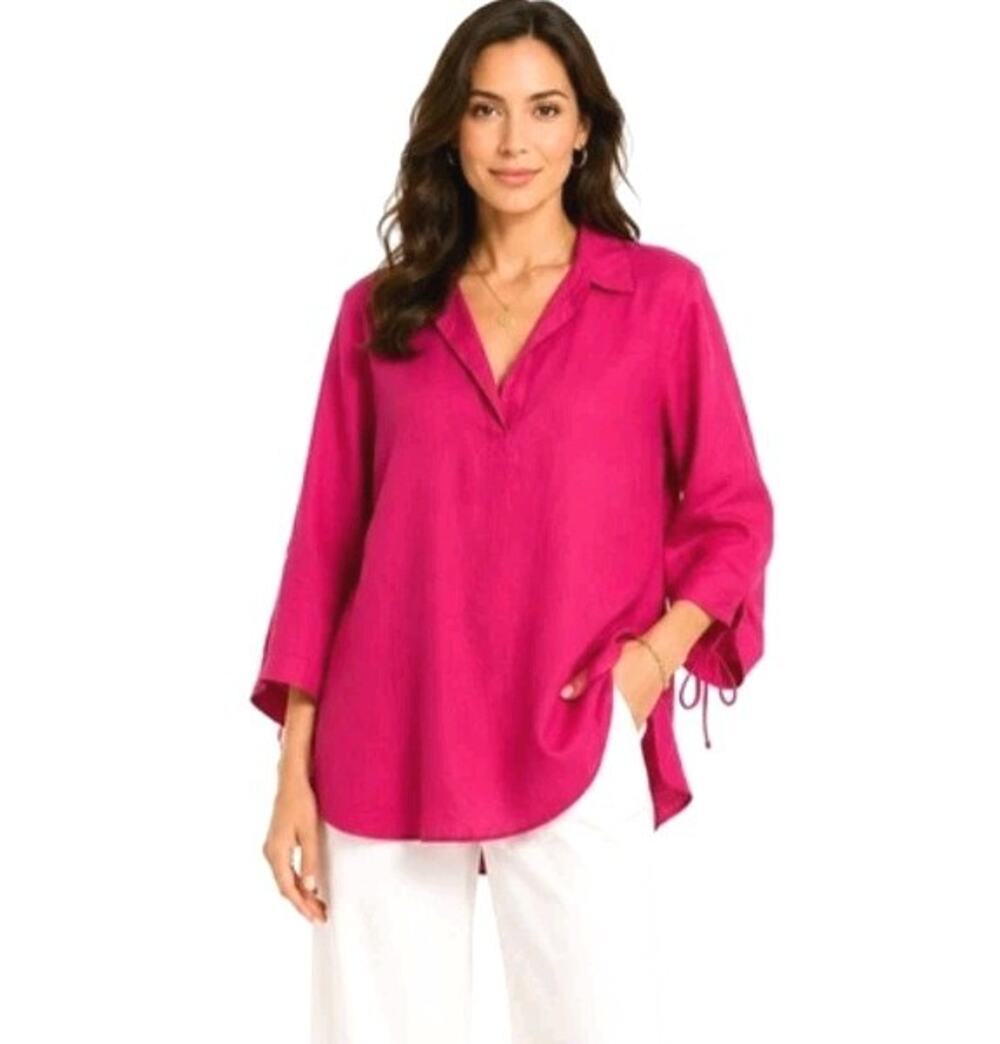 Isaac Mizrahi ~Woman Plus Size 2X~ Pink Tunic 3/4 Sleeve Blouse Top 100% Linen.